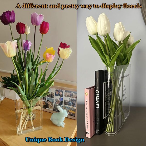 Bookend Vase for Flowers, Cute Bookshelf Decor, Unique Vase for Book Lovers, Artistic and Cultural Flavor Acrylic Vases for Home Office Decor, A Book About Flowers (Clear - B) - Image 2