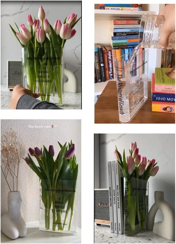 Bookend Vase for Flowers, Cute Bookshelf Decor, Unique Vase for Book Lovers, Artistic and Cultural Flavor Acrylic Vases for Home Office Decor, A Book About Flowers (Clear - B) - Image 8