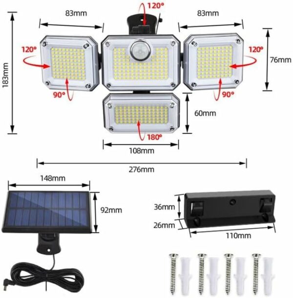 Solar Lights Outdoor, 3200LM 333 LED Solar Lights with Remote Control, 3 Heads Motion Sensor Lights, Waterproof Security Lighting for Yard Patio, 240° Wide Angle Illumination Wall Light with 3 Modes - Image 6